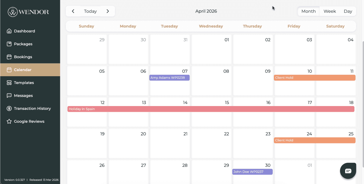 Vendor web app calendar page